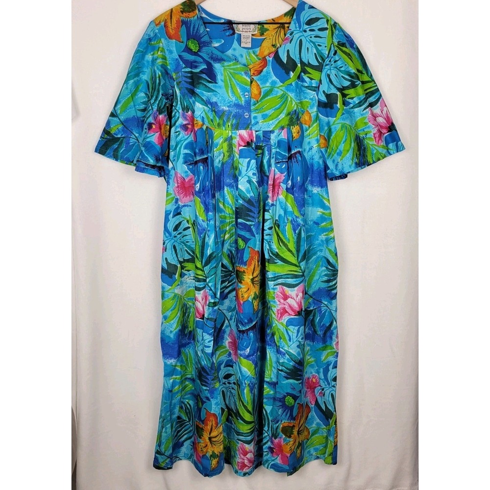 Desert Shores‎ Tropical Floral Midi Dress 1X Blue Cotton A-Line Resort Hawaiian